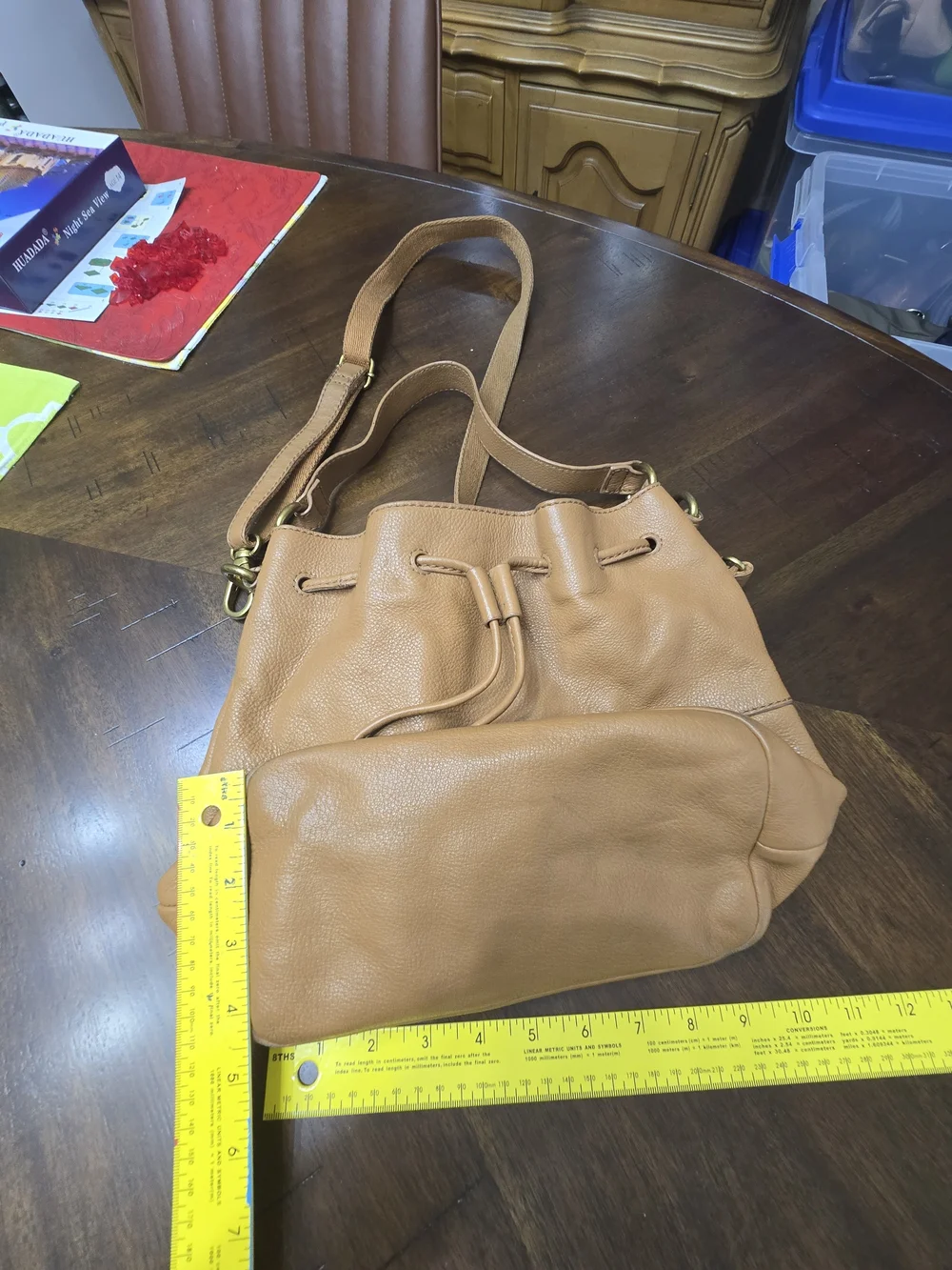 Fossil Cognac Leather Drawstring Hobo Bag with Gold Hardware